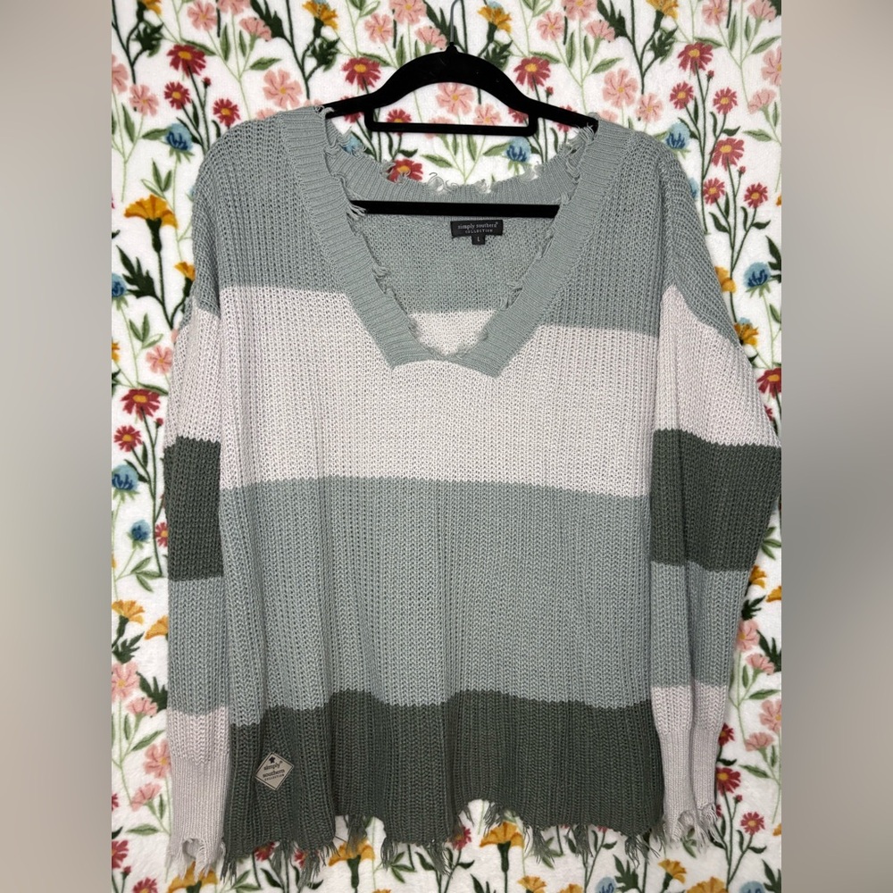 Simply Southern Striped V-Neck Sweater in Sage, Olive